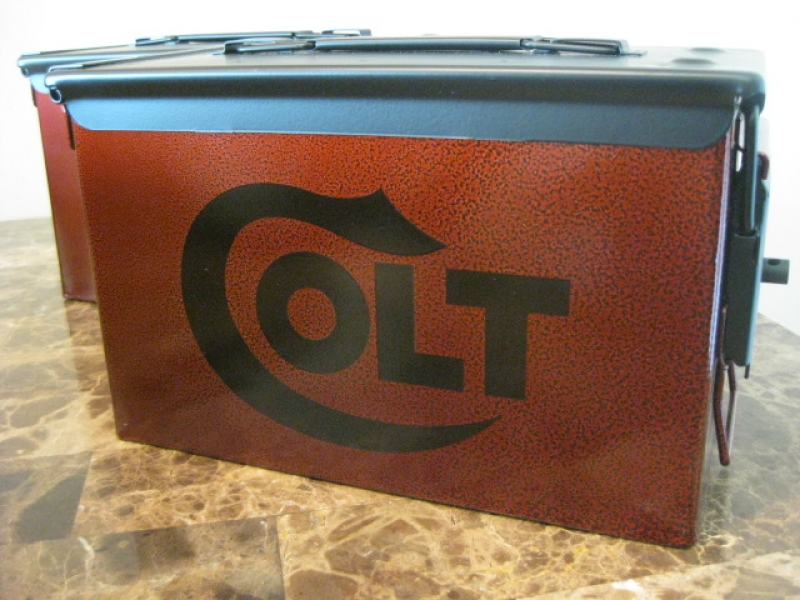 VERY COOL, DOUBLE GUN, .50 AMMO BOX, .50 CAL, BURNT ORANGE HAMMER TONE WITH BLACK COLT LOGOS AND TOP.