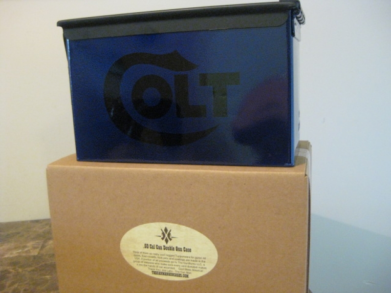 VERY COOL, DOUBLE GUN, .50 AMMO BOX, .50 CAL,  BLUE HAMMER TONE COLT LOGO WITH BLACK TOP