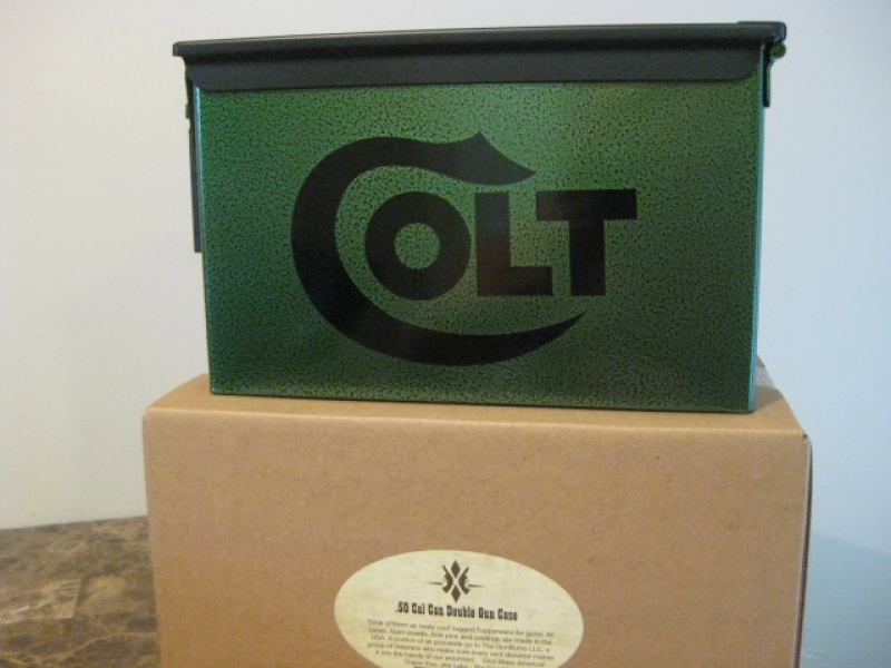 VERY COOL, DOUBLE GUN, .50 AMMO BOX, .50 CAL, GREEN HAMMER TONE WITH BLACK COLT LOGO AND TOP