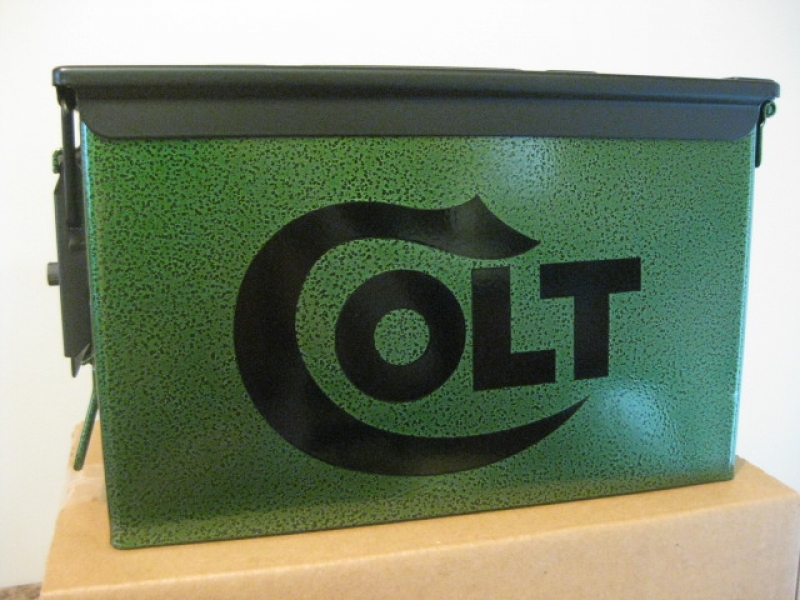 VERY COOL, DOUBLE GUN, .50 AMMO BOX, .50 CAL, GREEN HAMMER TONE WITH BLACK COLT LOGO AND TOP