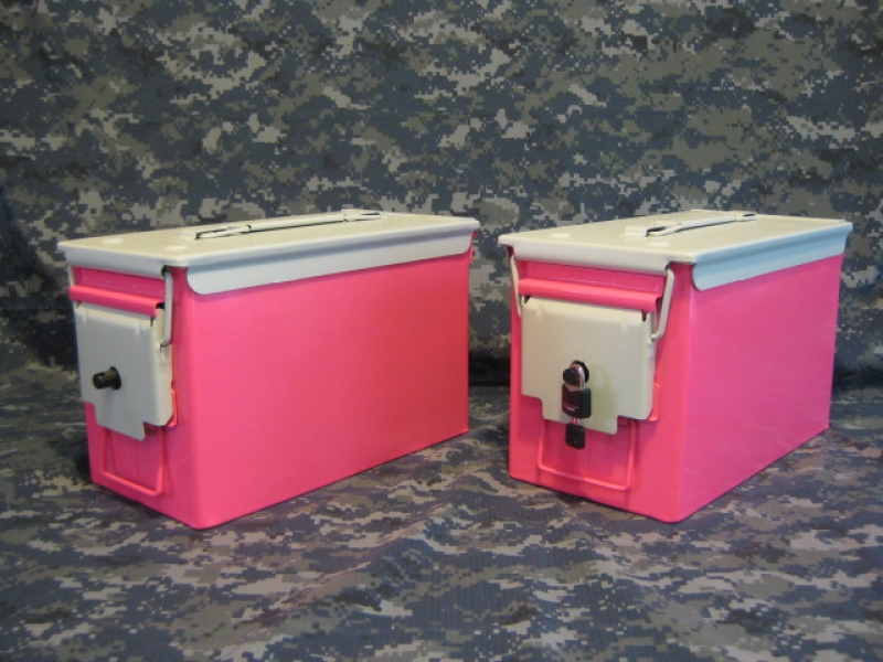 AMMO CAN HANDGUN CASE, VERY COOL, DOUBLE GUN, .50 AMMO BOX, .50 CAL, PINK WITH WHITE TOP