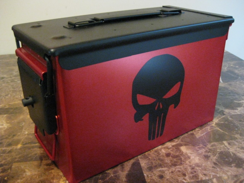 AMMO CAN HANDGUN CASE, VERY COOL, DOUBLE GUN, .50 AMMO BOX, .50 CAL, RED CHROME WITH PUNISHER LOGO EACH SIDE WITH BLACK TOP