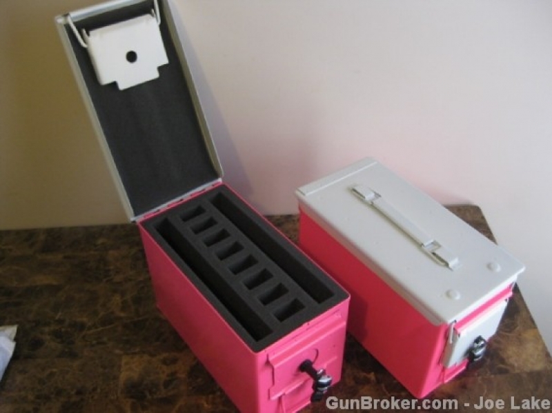 AMMO CAN HANDGUN CASE, VERY COOL, DOUBLE GUN, .50 AMMO BOX, .50 CAL, PINK WITH WHITE TOP