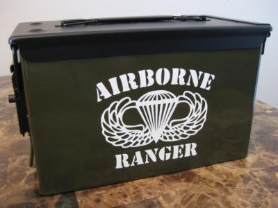 VERY COOL, DOUBLE GUN, .50 AMMO BOX, .50 CAL, OD GREEN AIRBORNE VERSION WITH BLACK TOP