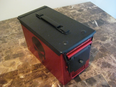 AMMO CAN HANDGUN CASE, VERY COOL, DOUBLE GUN, .50 AMMO BOX, .50 CAL, RED CHROME WITH PUNISHER LOGO EACH SIDE WITH BLACK TOP