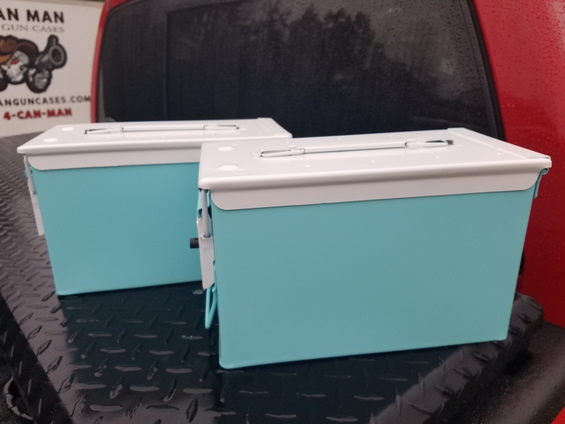 VERY COOL, DOUBLE GUN, .50 AMMO BOX, .50 CAL, TIFFANY BLUE VERSION WITH PEARL WHITE TOP